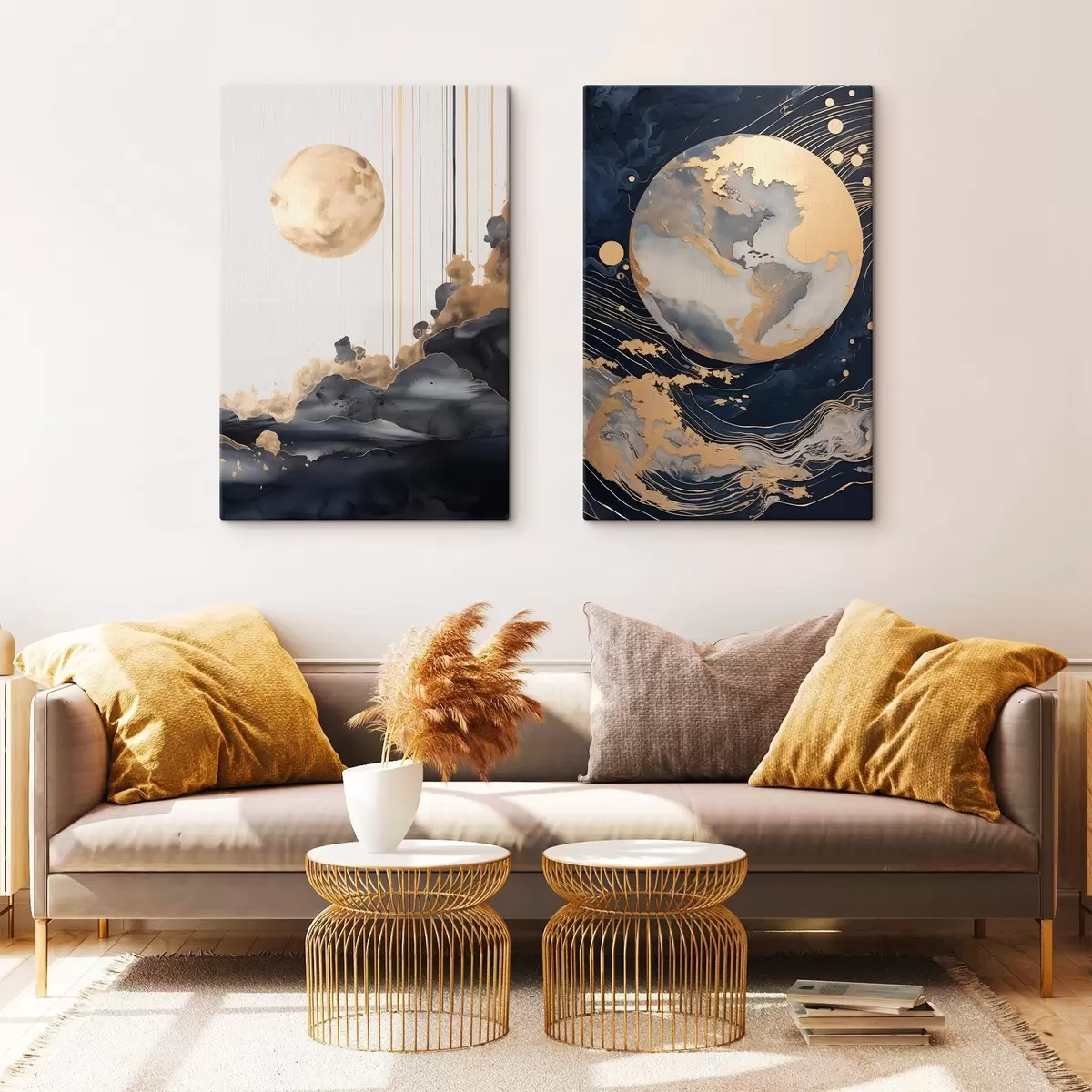  Schilderijen Textuurdecoratieve planeet in de ruimte met gele lijnen en stippen, abstracte stijl, minimalistisch en modern m01014