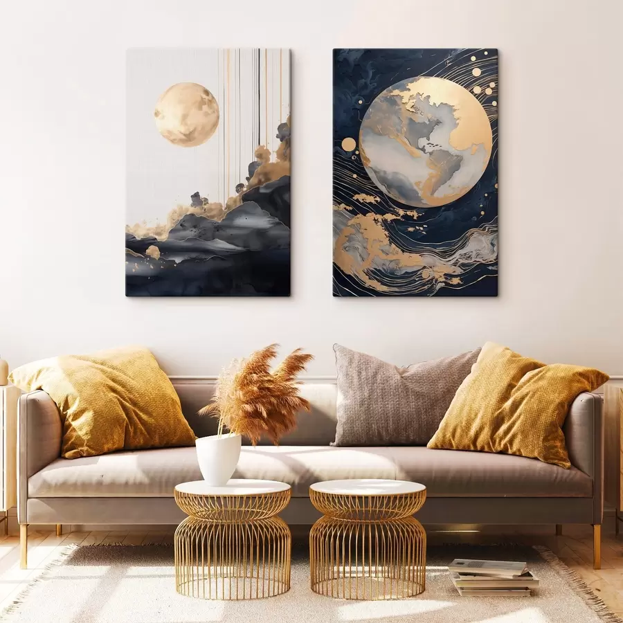  Peintures Planète décorative texturée dans l'espace avec des lignes et des points jaunes, style abstrait, minimaliste et moderne m01014