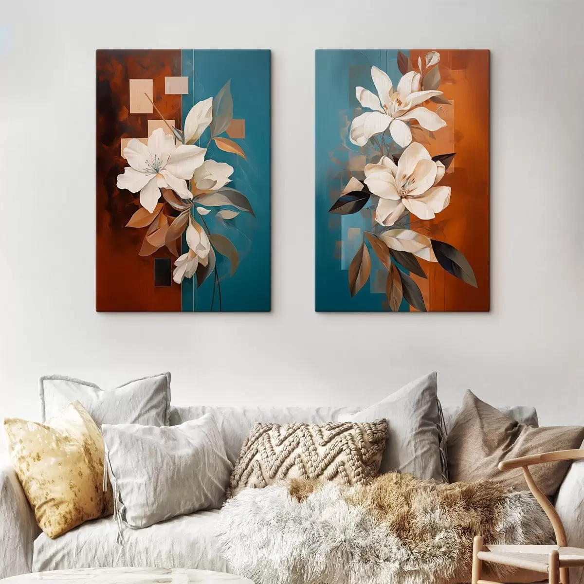  Schilderijen Abstracte witte bloemen en bladeren tegen een achtergrond van bruin en blauw met abstracte vormen, in een minimalistische stijl m01015