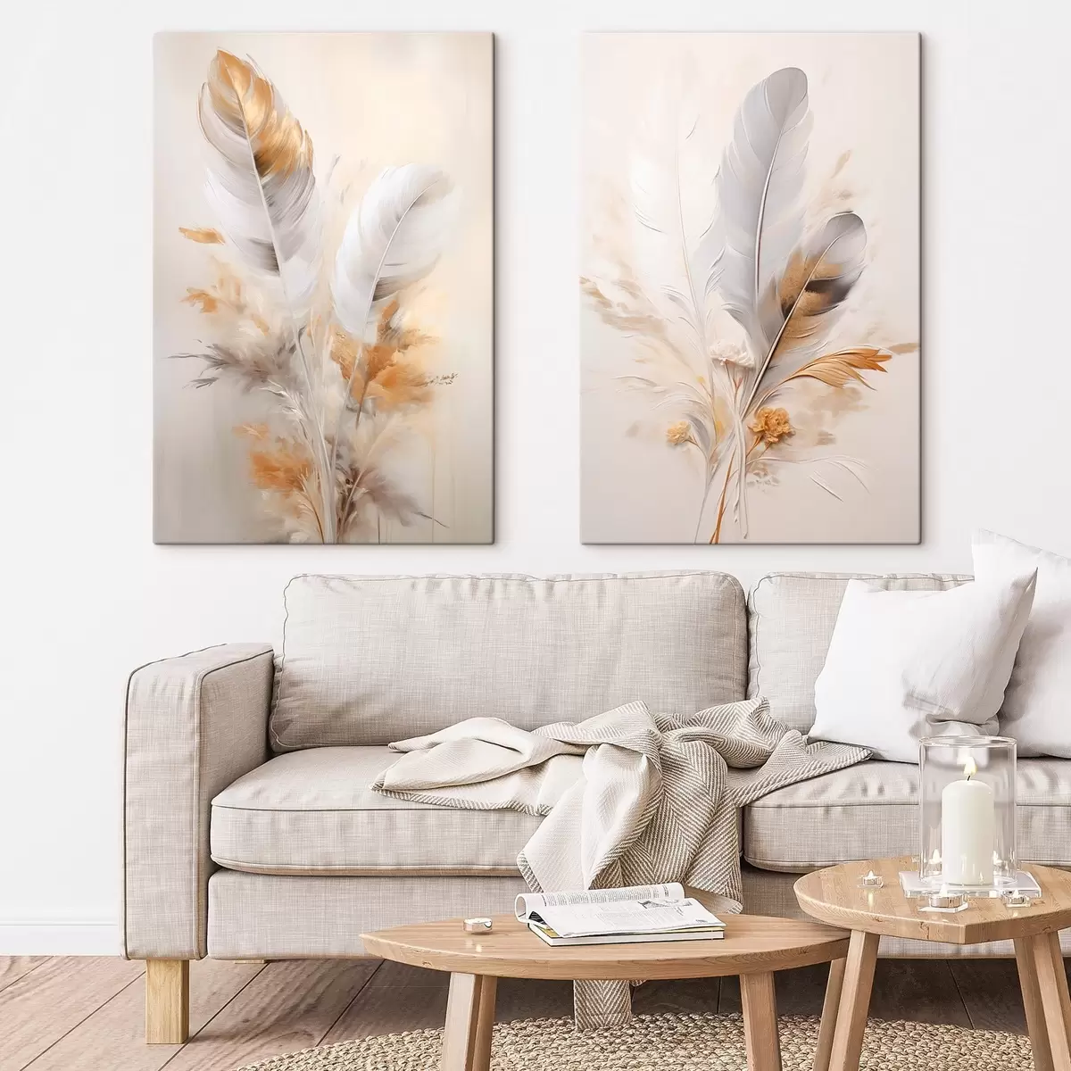  Schilderijen Abstracte veren, omgeven door beige en bruine pluimen, zacht en delicaat, op een lichtbeige achtergrond m01016