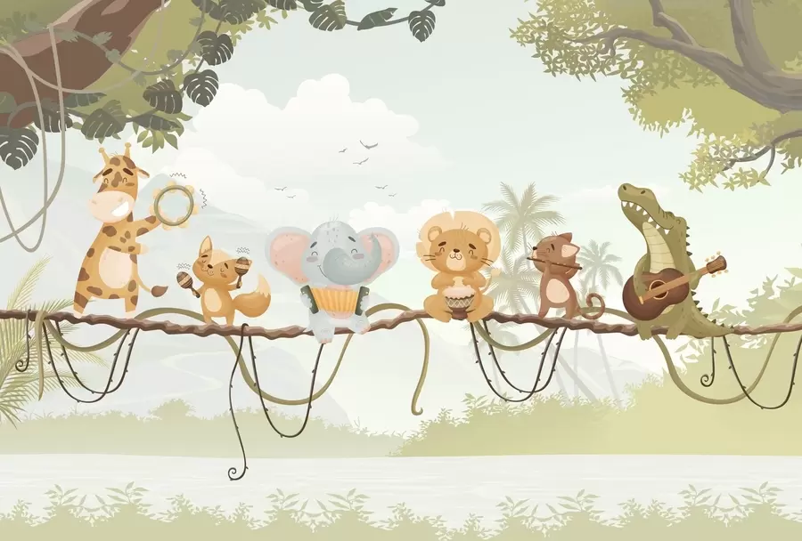 Papier peint photo Animaux avec des instruments de musique dans un paysage tropical w04505v1