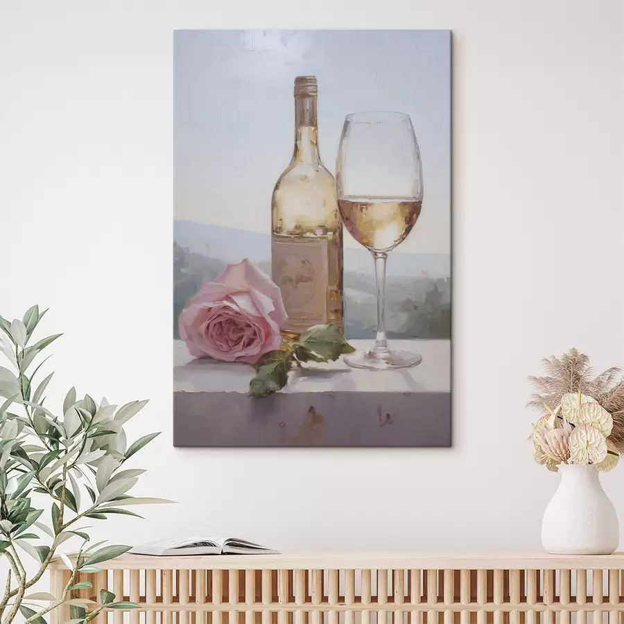  Peintures Une bouteille et un verre de vin, ainsi qu'un petit chien portant des lunettes, imitation peinture s46721