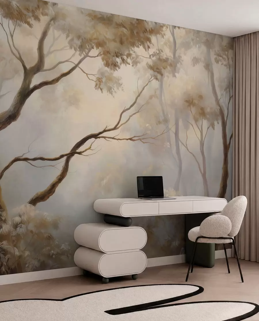 Fotobehang Het bos in de lichte ochtendmist. Een delicaat sfeervol schilderij in de stijl van een artistiek landschap w04817