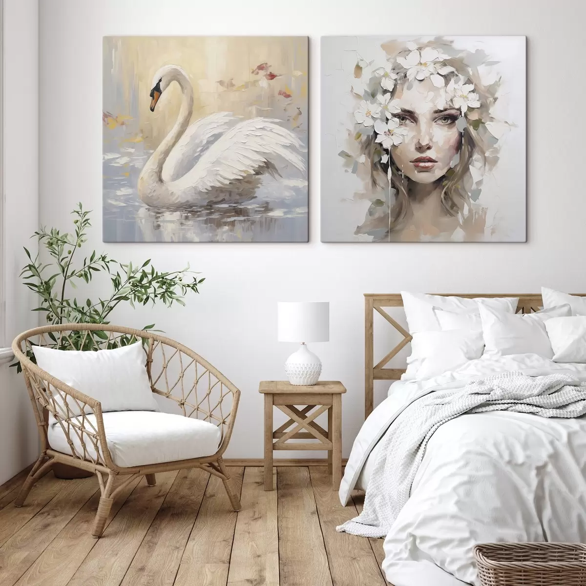  Schilderijen Zwaan en portret van een meisje, imitatie schilderij m01030