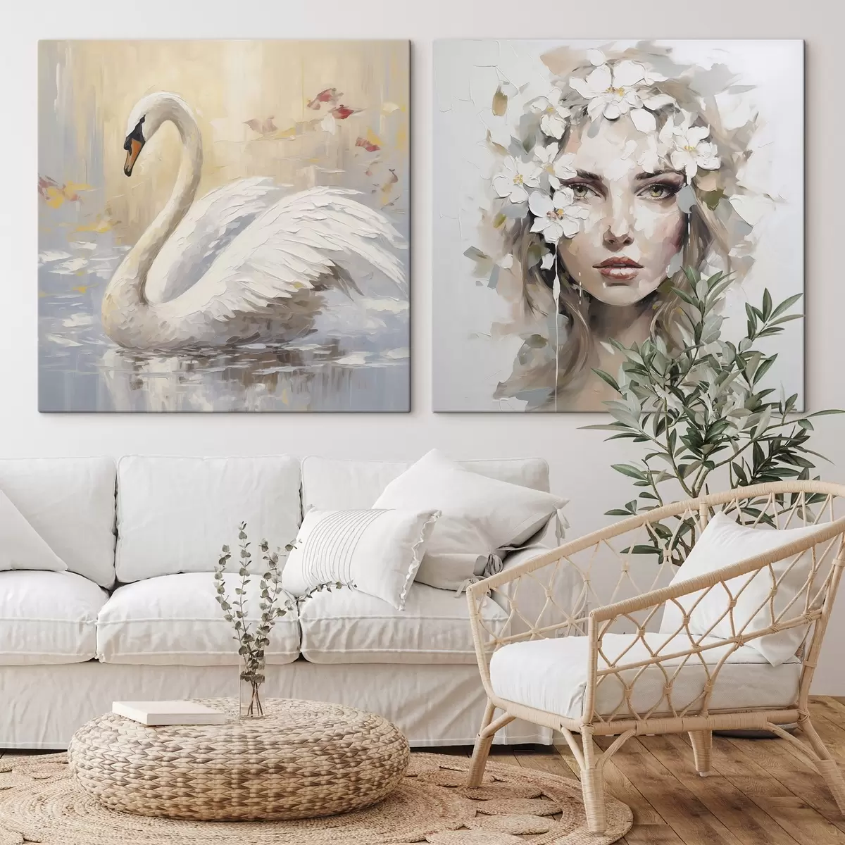  Peintures Cygne et portrait d'une jeune fille, imitation de peinture m01030