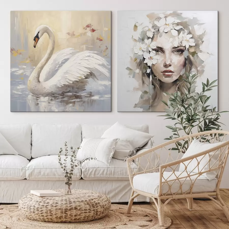  Peintures Cygne et portrait d'une jeune fille, imitation de peinture m01030