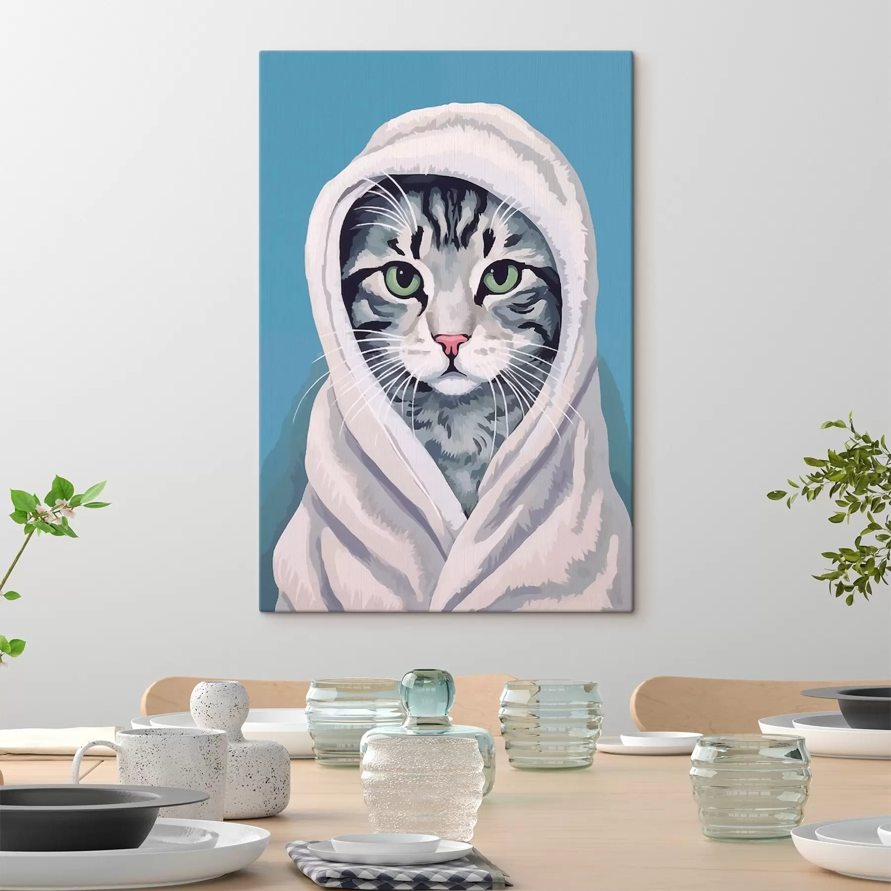  Schilderijen Gestreepte kat in een witte handdoek s46740