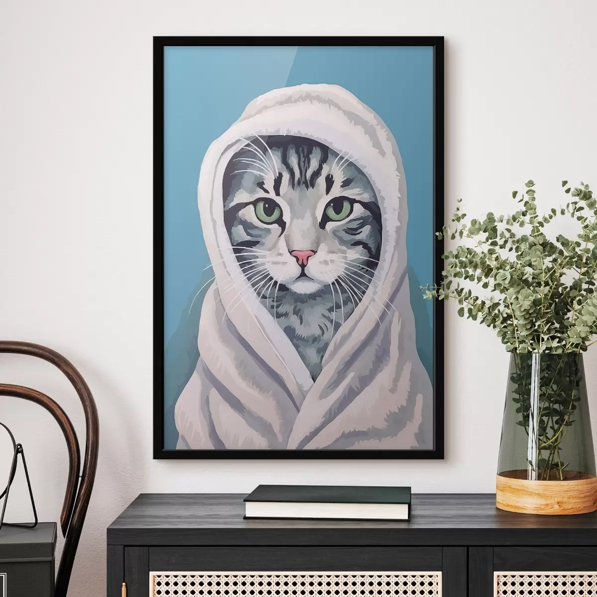 Poster Gestreepte kat in een witte handdoek f46740