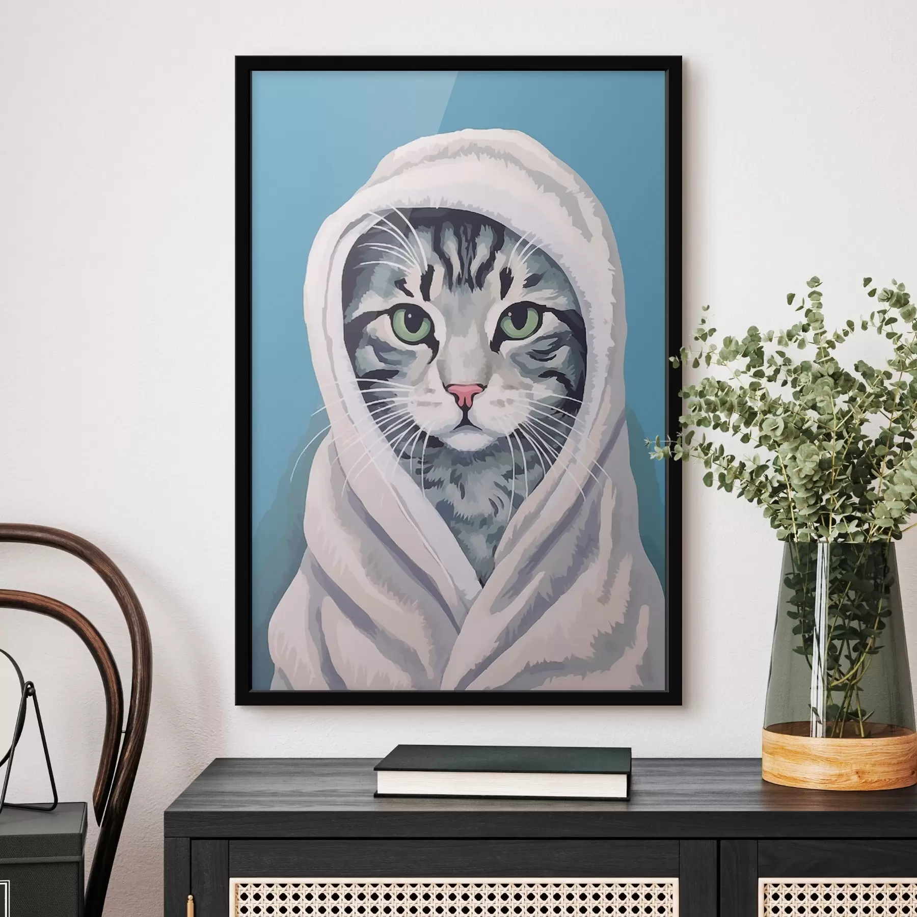 Fotobehang Gestreepte kat in een witte handdoek f46740