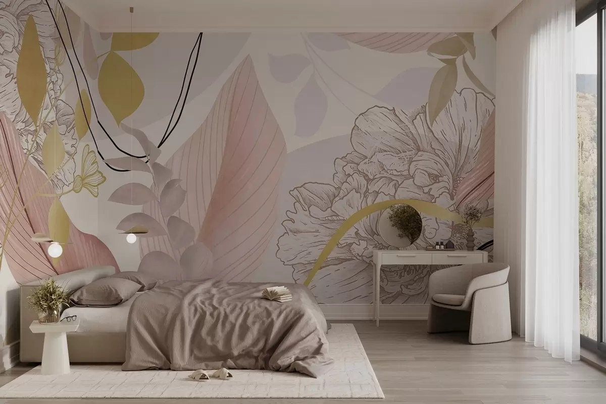 Fotobehang Abstracte bloemenprint met grote bladeren in gedempte roze en gele tinten met dunne zwarte lijnen en witte bloemcontouren. w09544v1