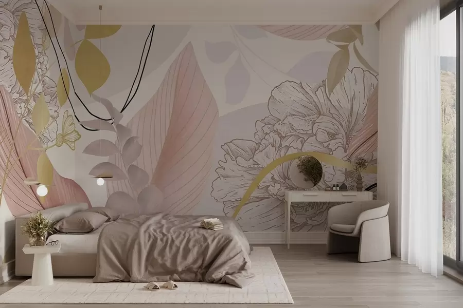 Fotobehang Abstracte bloemenprint met grote bladeren in gedempte roze en gele tinten met dunne zwarte lijnen en witte bloemcontouren. w09544v1