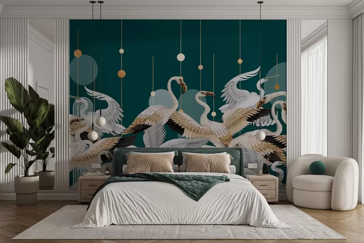 Fotobehang Een zwerm witte flamingo's met delicate vleugels, tegen een donkerblauwgroene achtergrond met gele lijnen en cirkels. w09546