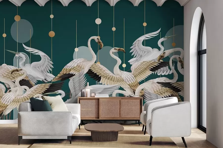 Fotobehang Een zwerm witte flamingo's met delicate vleugels, tegen een donkerblauwgroene achtergrond met gele lijnen en cirkels w09546