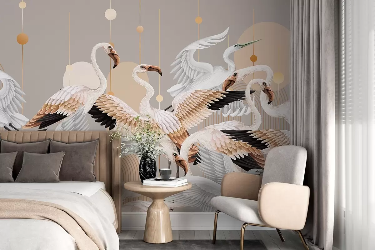 Fotobehang Een zwerm witte flamingo's met delicate vleugels, tegen een neutrale achtergrond met gele lijnen en cirkels. w09546v1