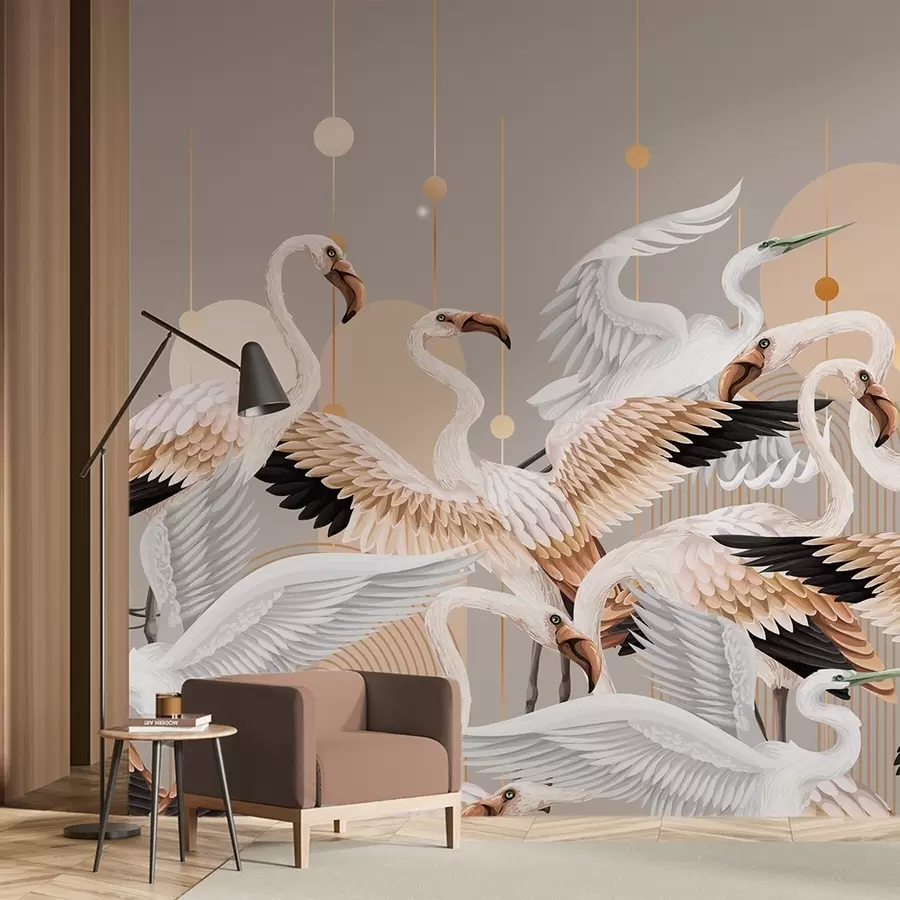 Papier peint photo Un groupe de flamants roses blancs aux ailes délicates, sur un fond neutre avec des lignes et des cercles jaunes w09546v1