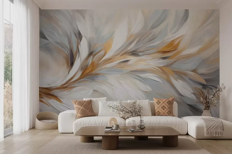 Fotobehang Abstracte schilderstijl met witte, gele en grijze penseelstreken met textuur op een zachte, lichte achtergrond w09552