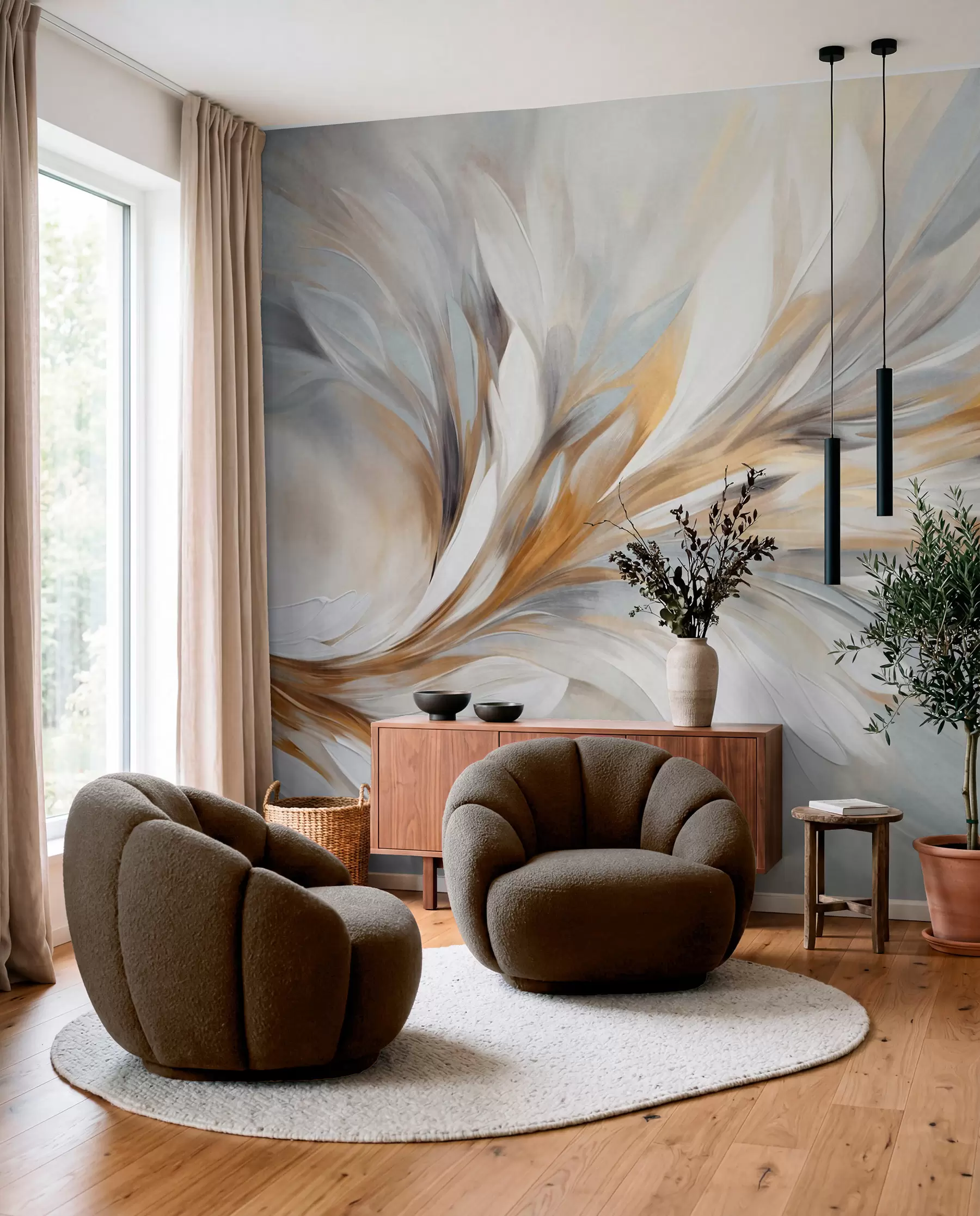 Fotobehang Abstracte schilderstijl met witte, gele en grijze penseelstreken met textuur op een zachte, lichte achtergrond w09552