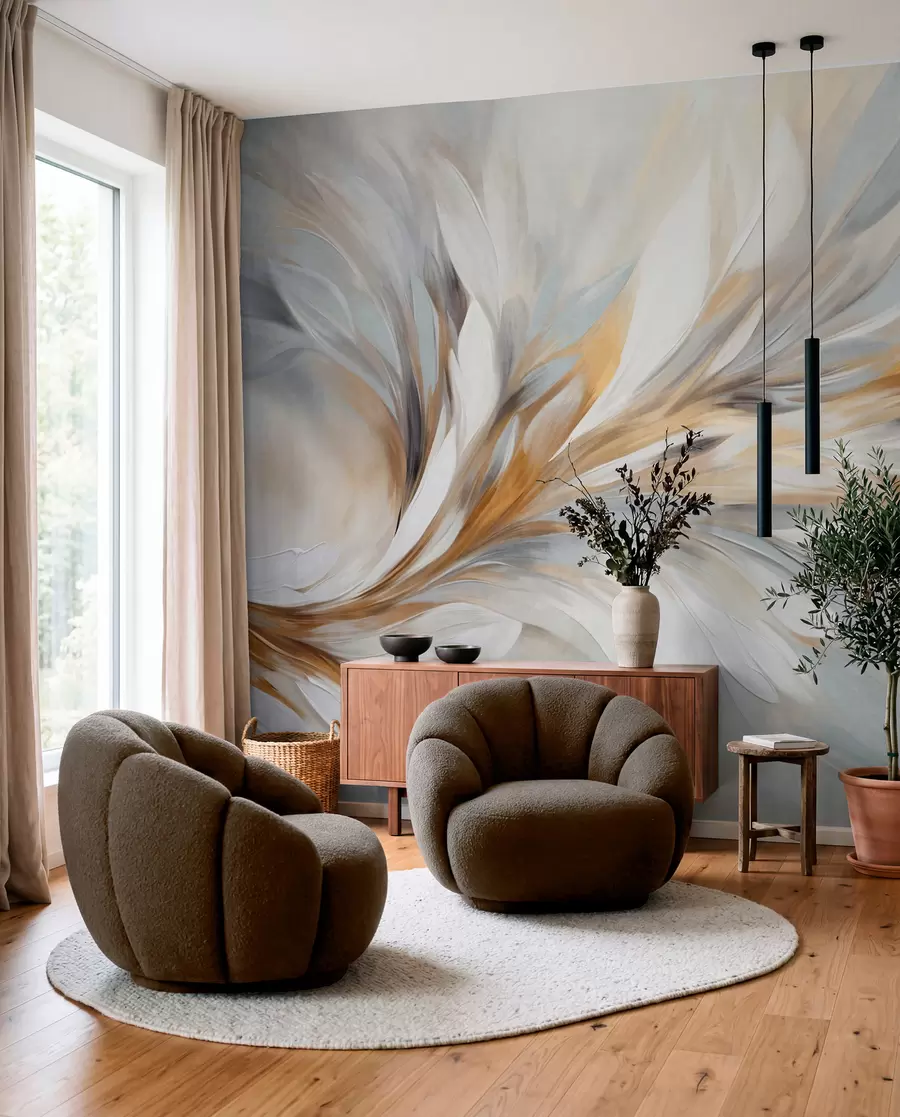 Fotobehang Abstracte schilderstijl met witte, gele en grijze penseelstreken met textuur op een zachte, lichte achtergrond w09552