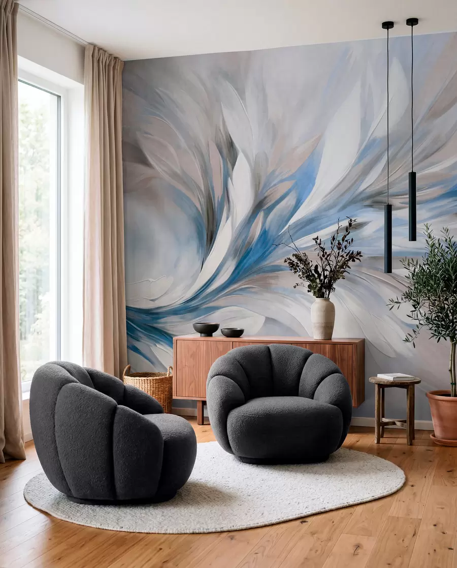 Fotobehang Abstracte schilderstijl met witte, blauwe en grijze penseelstreken met textuur op een zachte, lichte achtergrond w09552v1