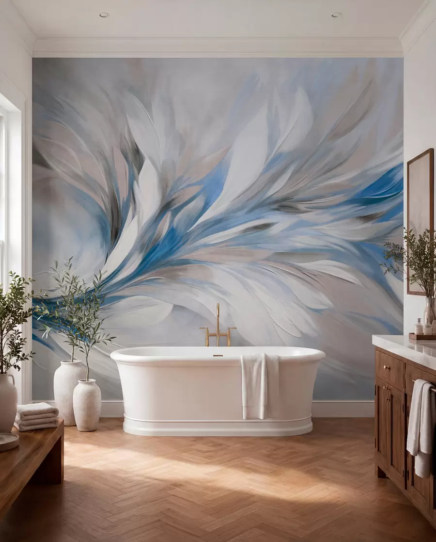 Fotobehang Abstracte schilderstijl met witte, blauwe en grijze penseelstreken met textuur op een zachte, lichte achtergrond w09552v1