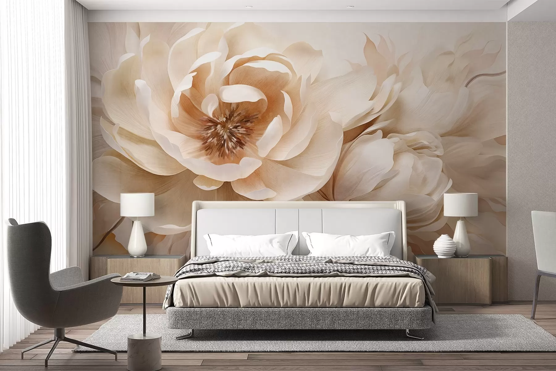 Papier peint photo Pivoines à la texture crémeuse avec un cœur brun et des feuilles sur un fond abstrait flou et clair w09554