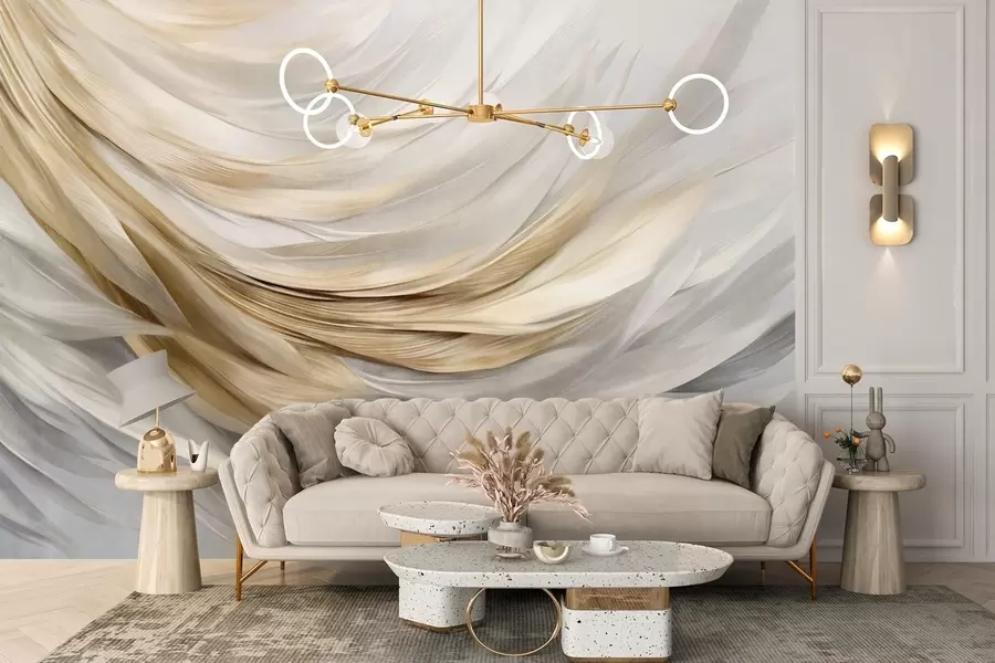 Fotobehang Abstracte getextureerde witte, grijze en gele veren, die een vloeiend, gelaagd patroon vormen tegen een lichte achtergrond w09557