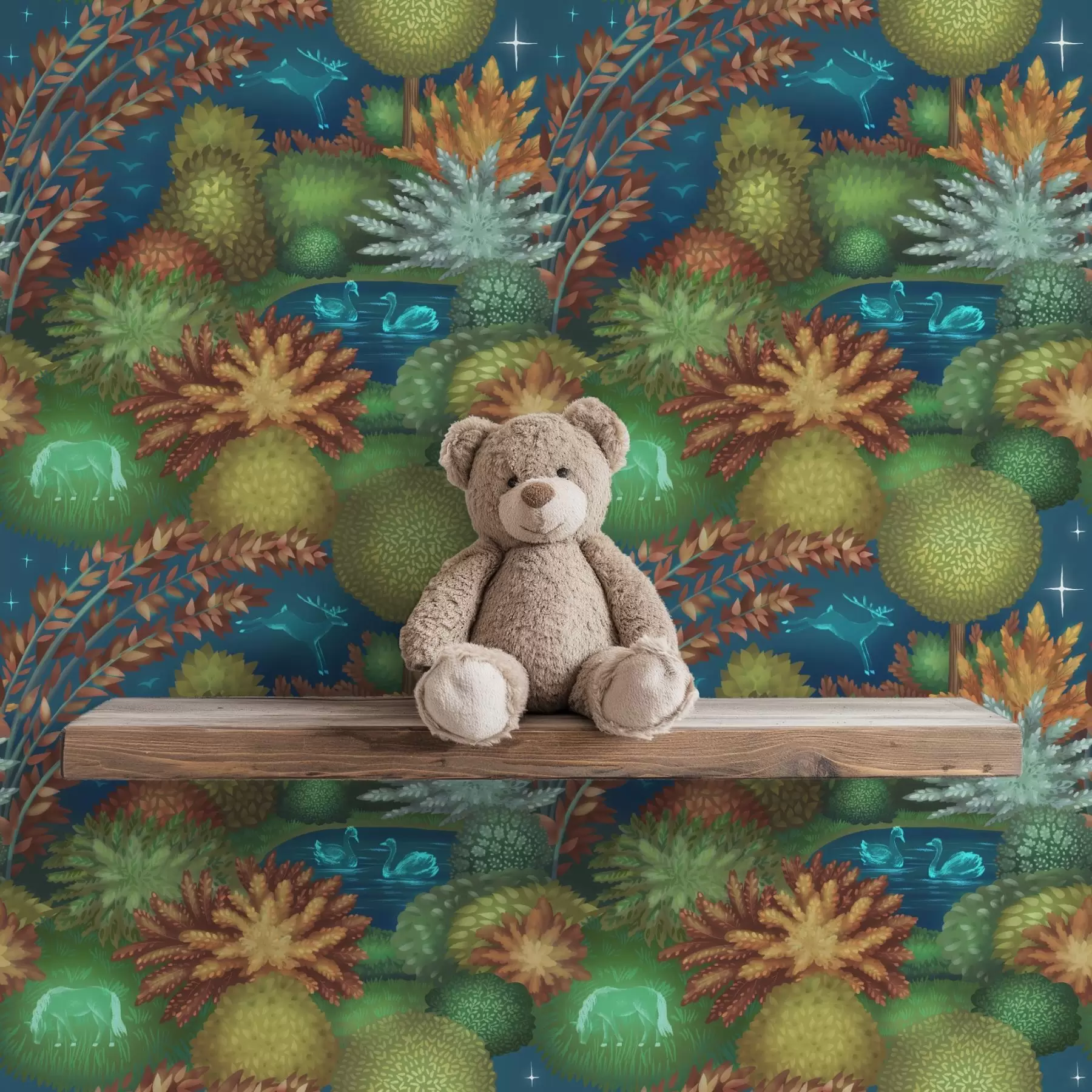 Papier peint photo Jardin féérique nocturne avec un lac et des animaux lumineux a00851