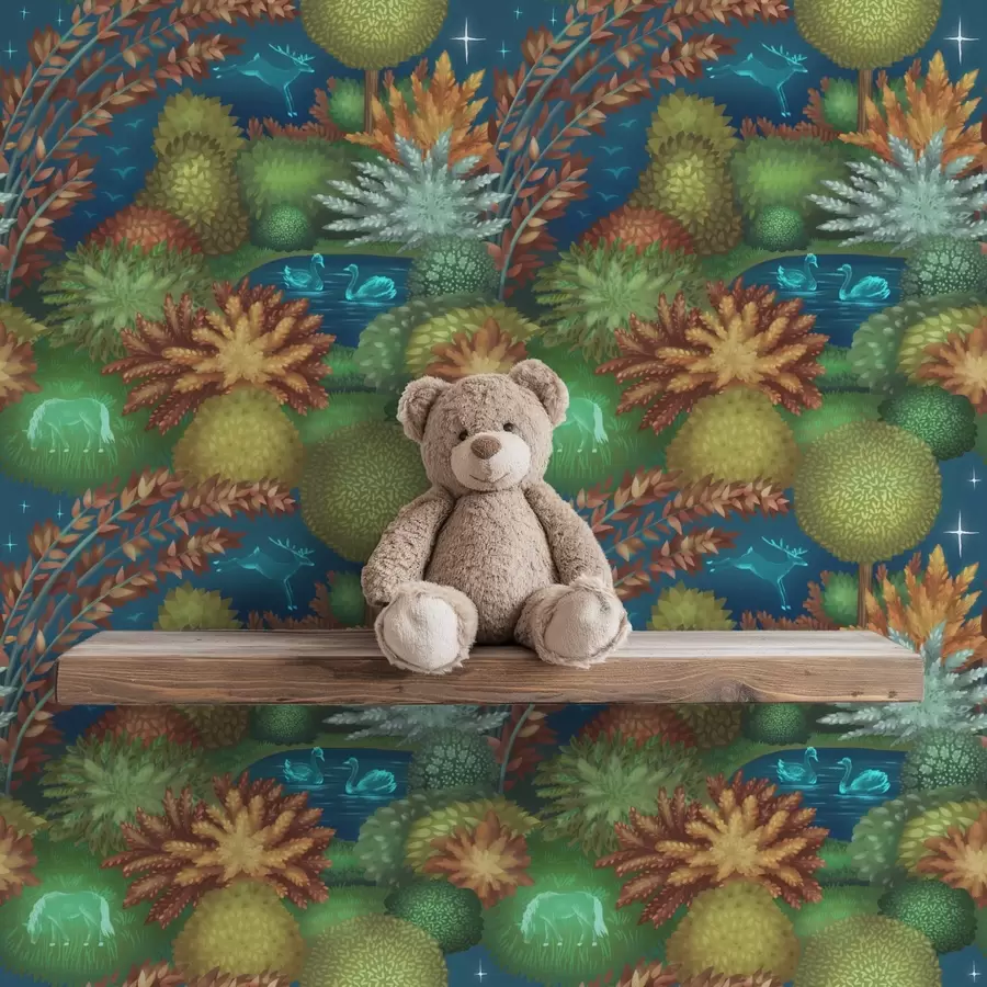 Papier peint photo Jardin féérique nocturne avec un lac et des animaux lumineux a00851