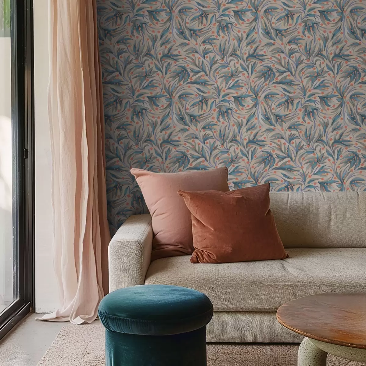 Behang Abstract blauw gebladerte met koraalkleurige bloemen a00852