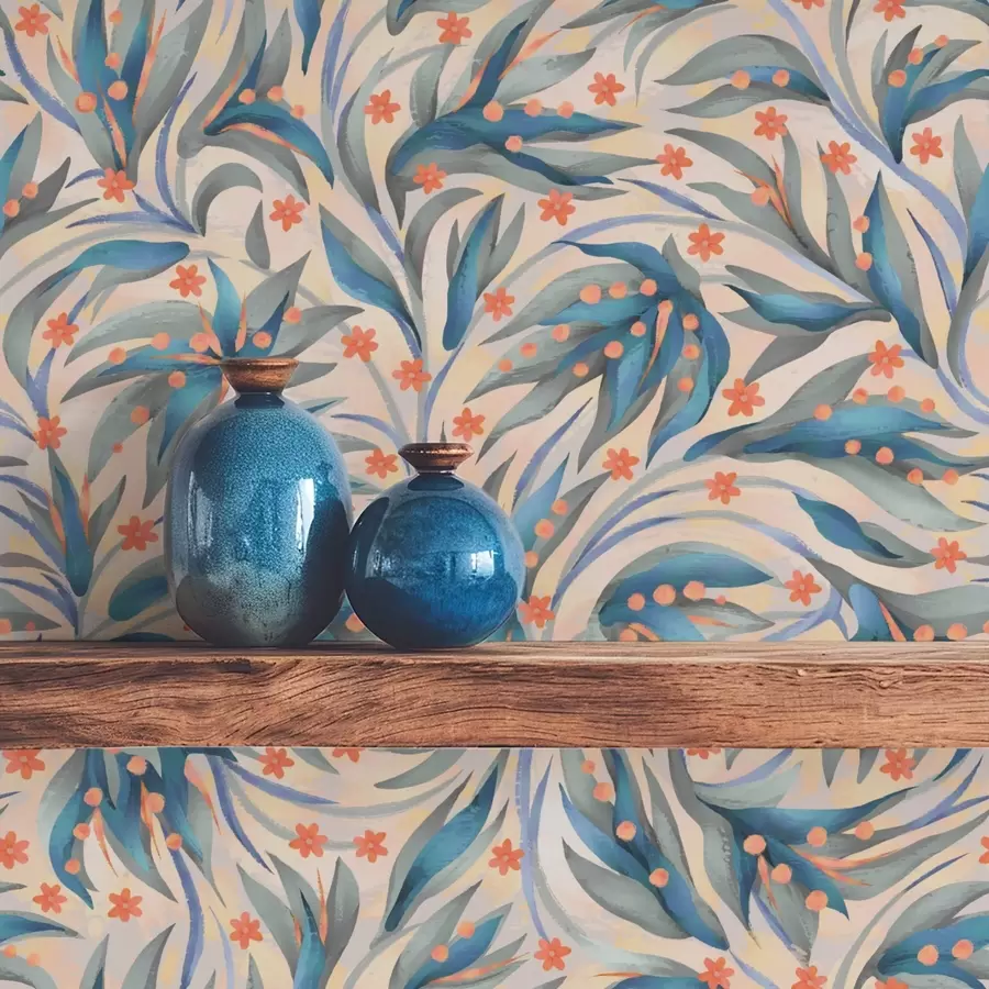 Papier peint photo Feuillage bleu abstrait avec fleurs corail a00852