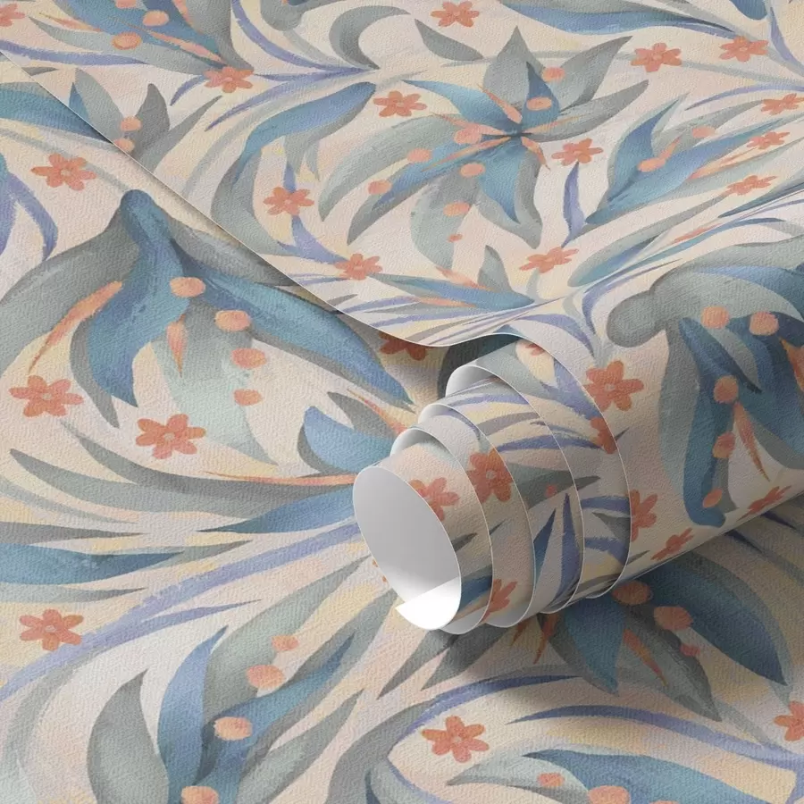 Papier peint photo Feuillage bleu abstrait avec fleurs corail a00852