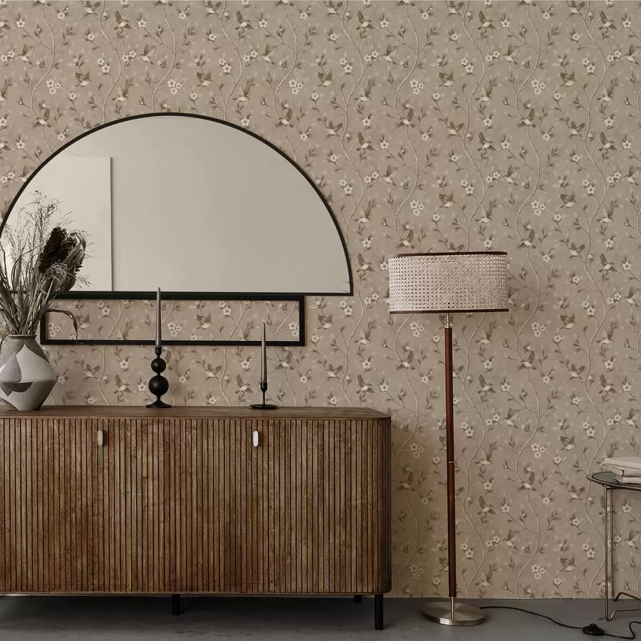 Papier peint photo Oiseaux et branches fleuries dans des tons sépia chauds a00882