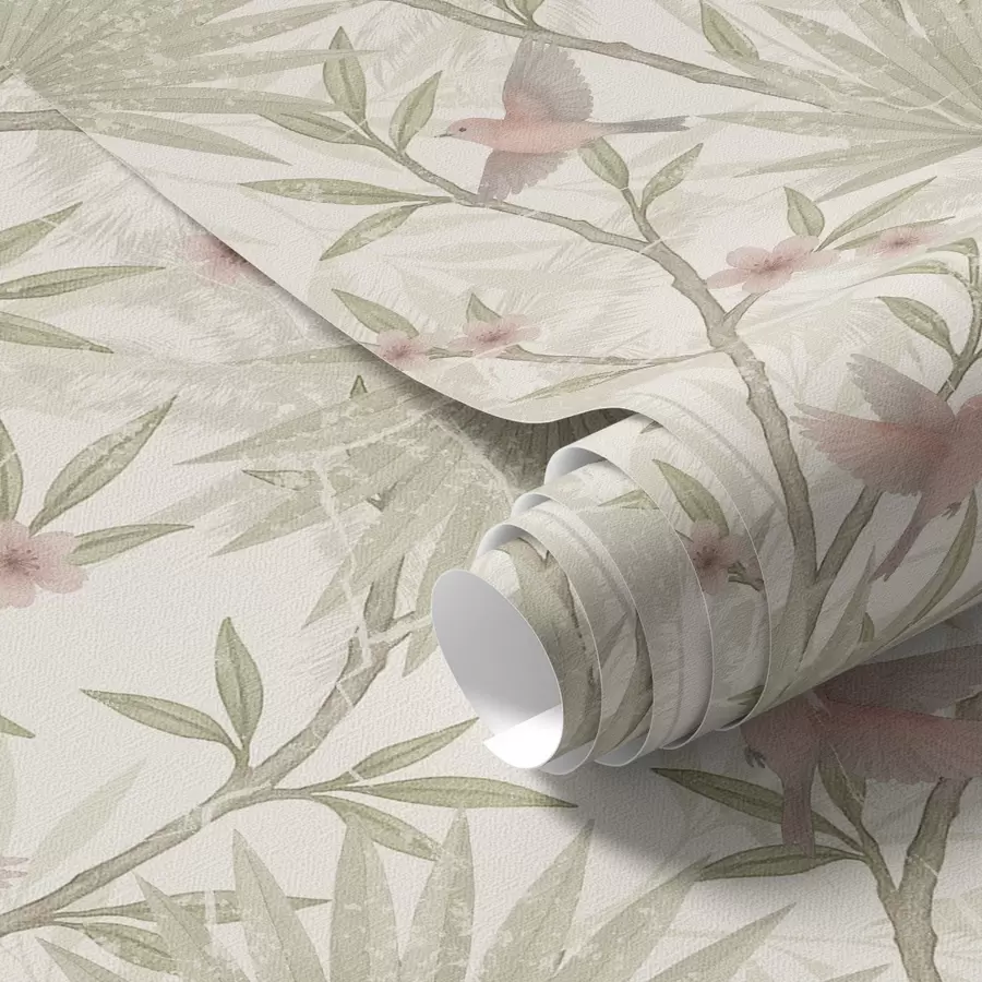 Papier peint photo De délicats oiseaux roses parmi les feuilles de palmier a00883