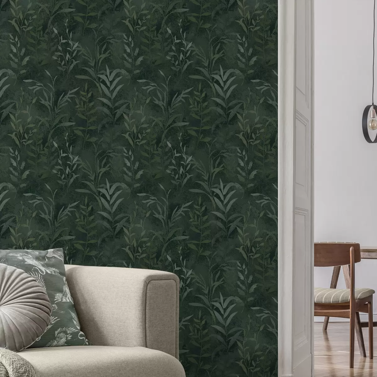 Behang Donkergroene achtergrond met doorschijnende bladeren a00888