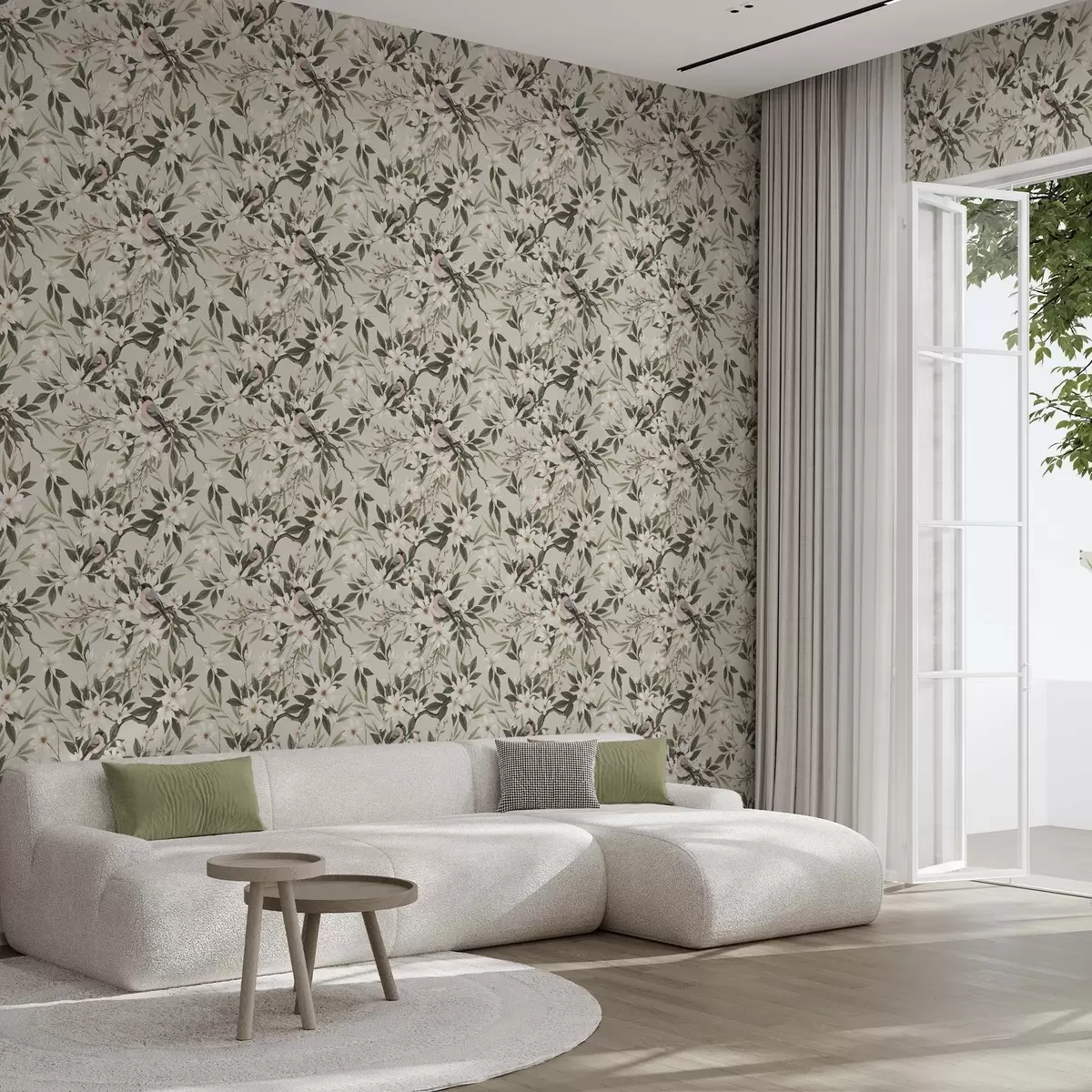 Behang Goudvinken met witte borstjes op takken met crèmekleurige bloemen a00889