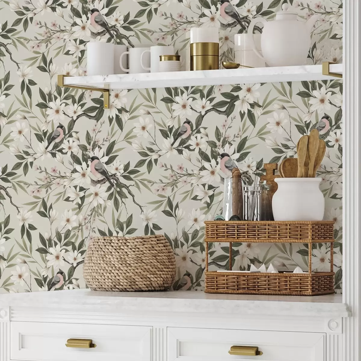 Behang Goudvinken met witte borstjes op takken met crèmekleurige bloemen a00889