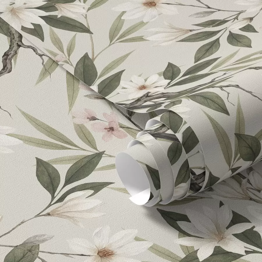 Fotobehang Goudvinken met witte borstjes op takken met crèmekleurige bloemen a00889