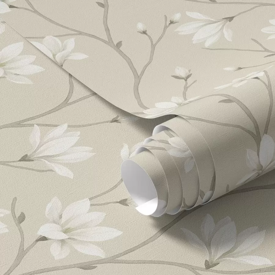 Fotobehang Lichte magnolia's op slanke beige takken a00890