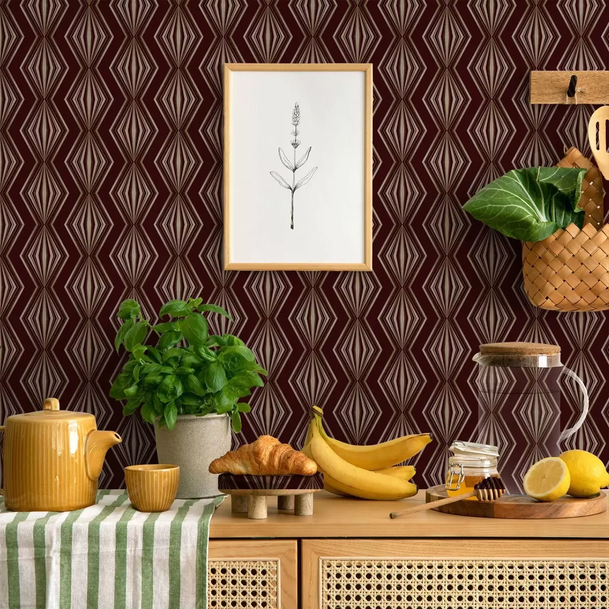 Behang Diamantvormig geometrisch patroon op een wijnbruine achtergrond a00925v1