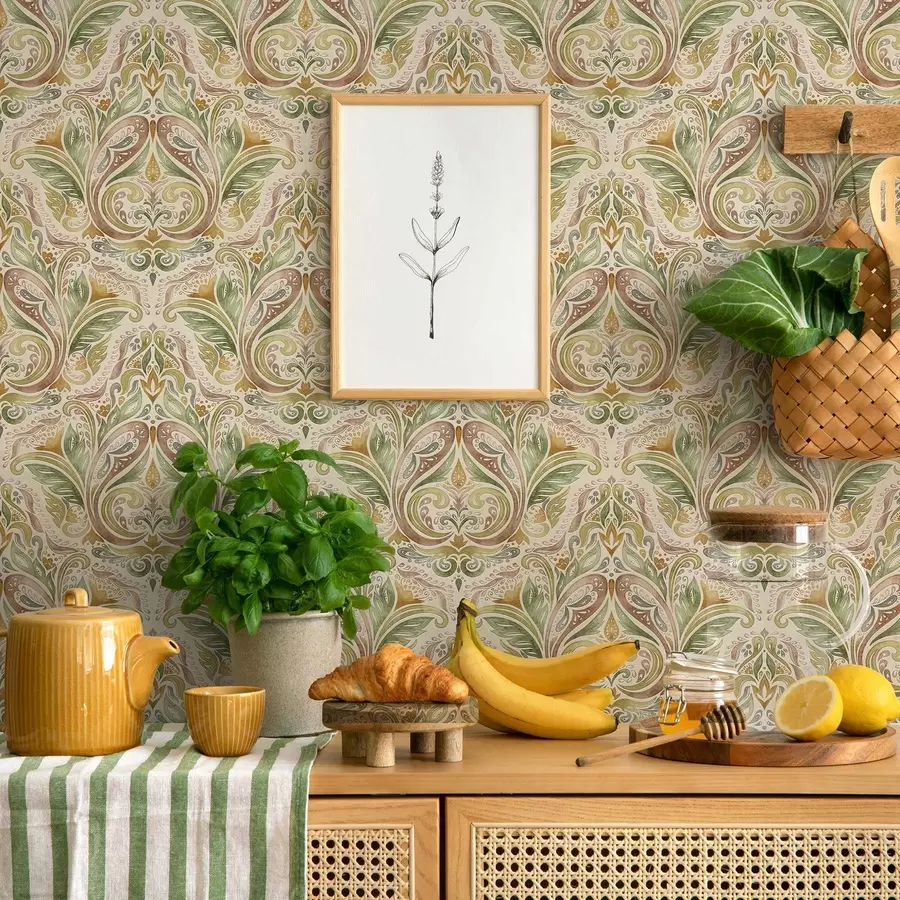 Papier peint photo Tourbillons feuillus aquarellés dans des tons verts et ocres chauds a00927