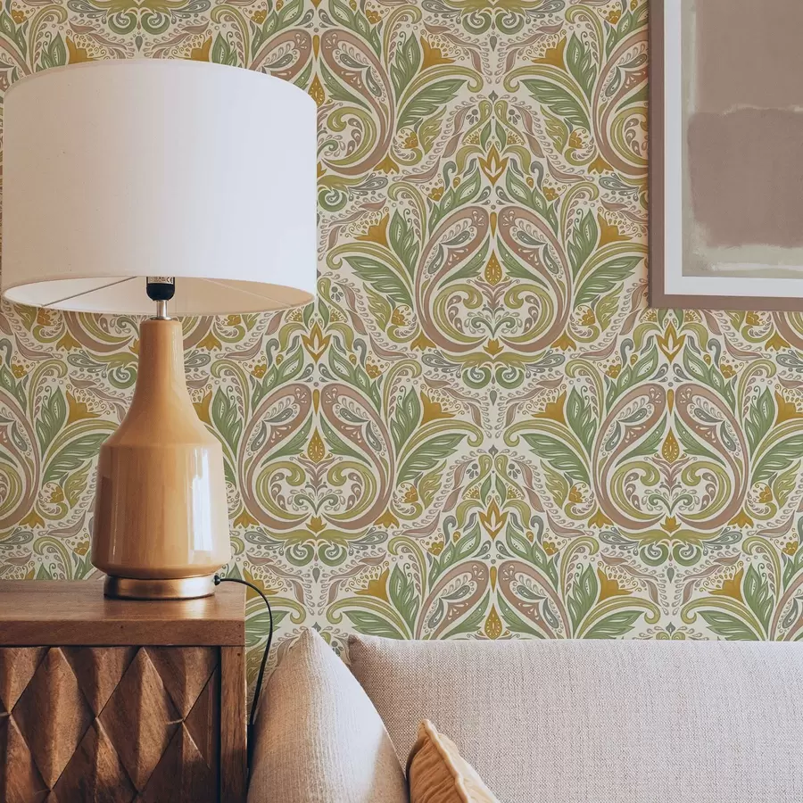 Papier peint photo Volutes ornementales feuillues dans les tons verts et terracotta a00927v1