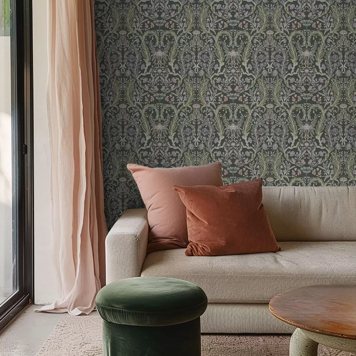 Behang Symmetrisch bloemenornament op een donkergroene achtergrond a00928