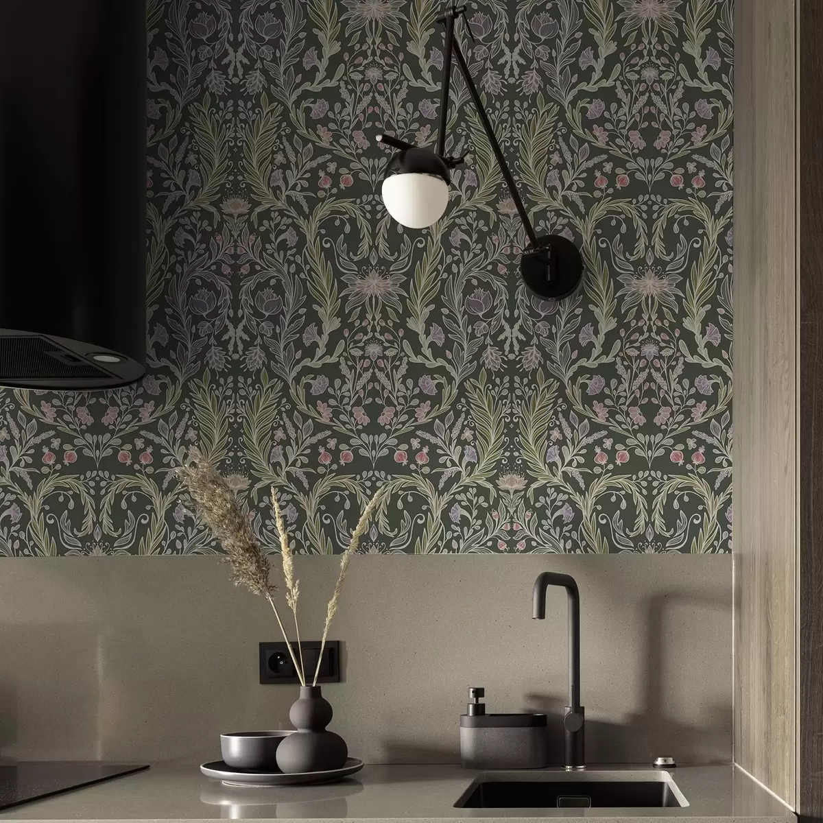 Behang Symmetrisch bloemenornament op een donkergroene achtergrond a00928