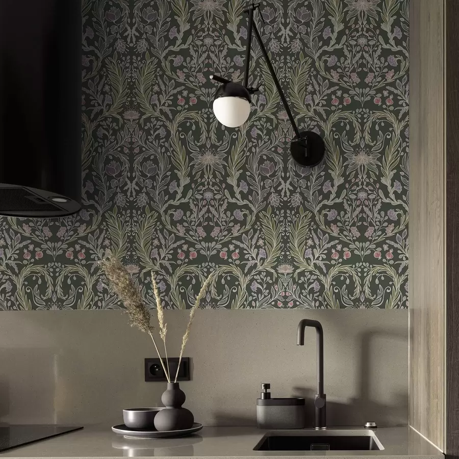 Papier peint photo Ornement floral symétrique sur fond vert foncé a00928