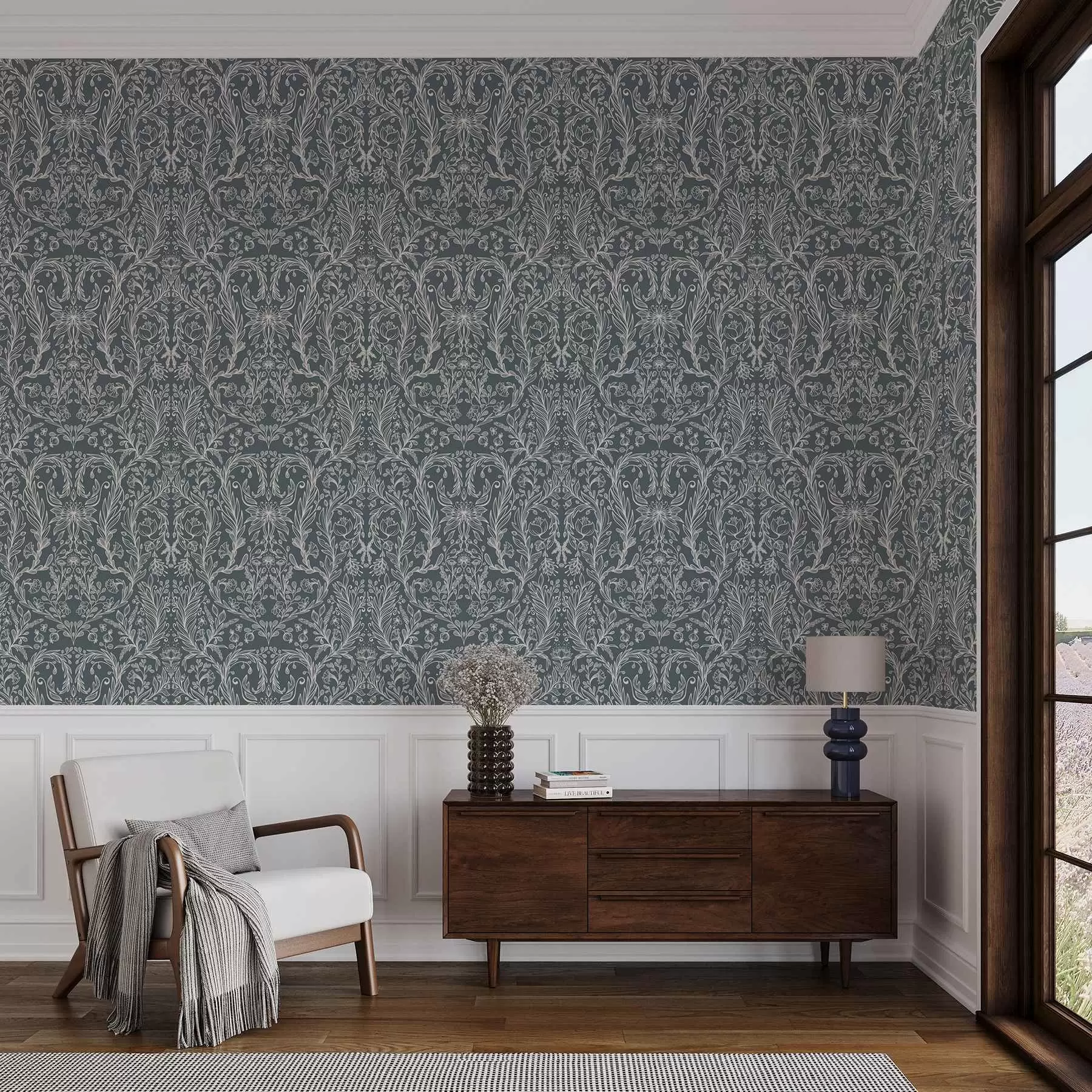 Papier peint photo Ornement floral linéaire sur fond gris bleuté a00929v1