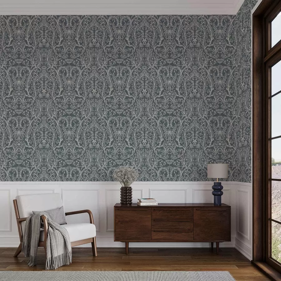 Papier peint photo Ornement floral linéaire sur fond gris bleuté a00929v1