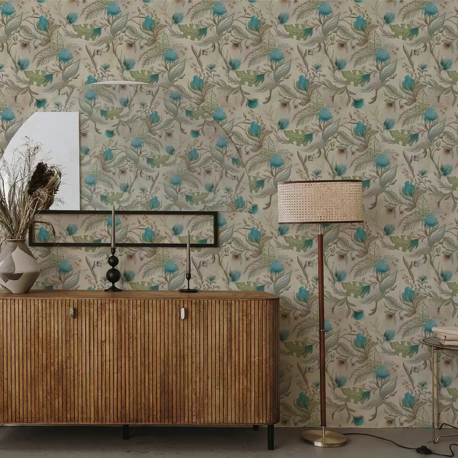 Papier peint photo Boutons et feuilles bleus sur fond beige clair a00930