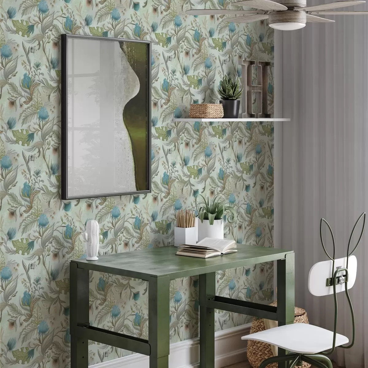 Behang Blauwe bloemen en groen op een zachte mintkleurige achtergrond a00930v1