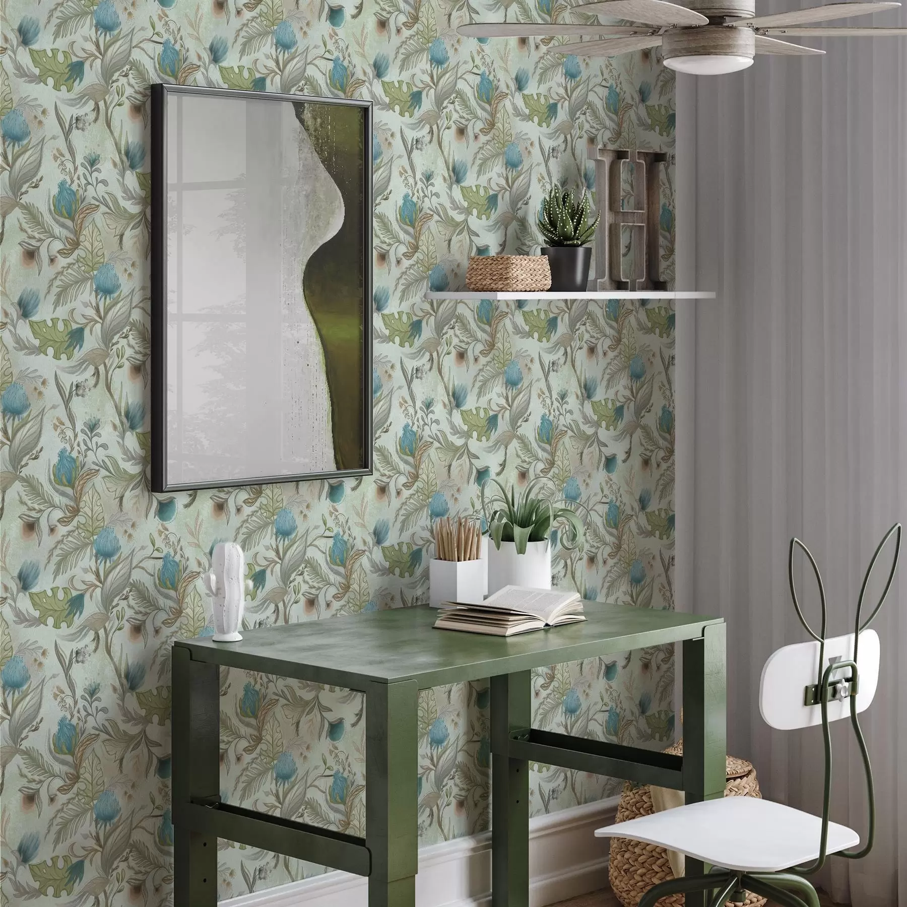 Fotobehang Blauwe bloemen en groen op een zachte mintkleurige achtergrond a00930v1