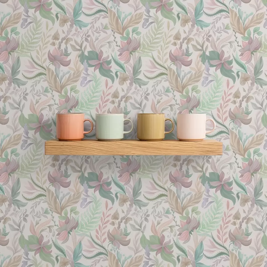 Papier peint photo Fleurs et feuilles délicates aux couleurs pastel sur fond clair a00931